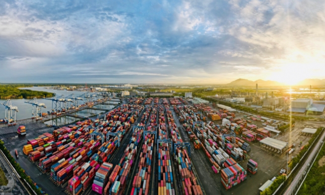 Cảng biển với những line hàng hóa cho cẩu RTG chạy